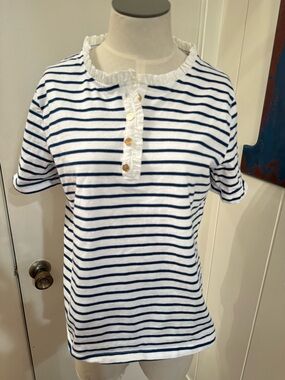 Draper James White & Navy Striped Ruffle Henley Tee Sz M